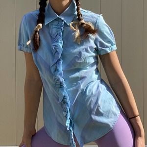 Teal ivoryand violet plaid ruffle blouse